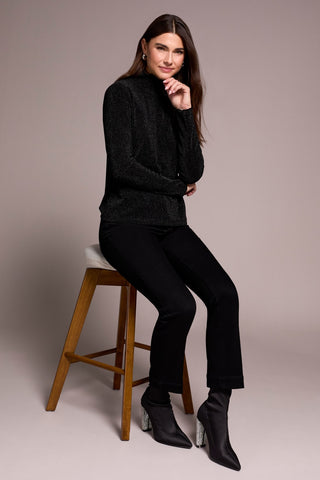 Lurex Long-Sleeve Mock Neck Knit Top-Black