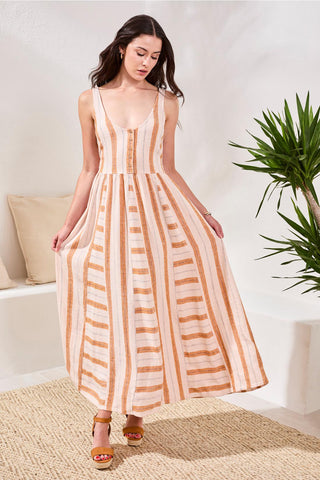 Linen Maxi Dress with Contrast Inserts & Adjustable Waist Sash-Saharabeige