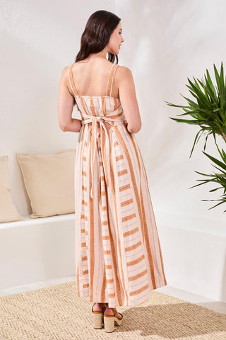 Linen Maxi Dress with Contrast Inserts & Adjustable Waist Sash-Saharabeige