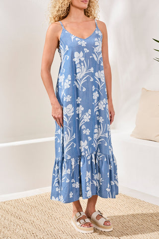 Drape Denim Flowy Maxi Dress With Ruffle Hem-Seasideblue