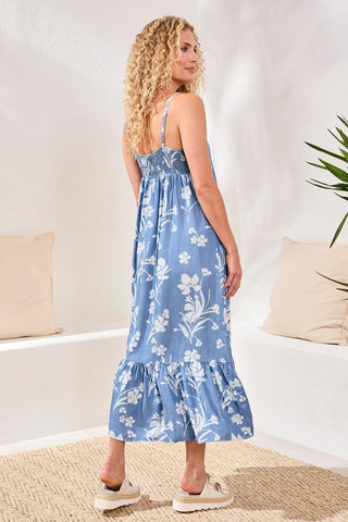Drape Denim Flowy Maxi Dress With Ruffle Hem-Seasideblue