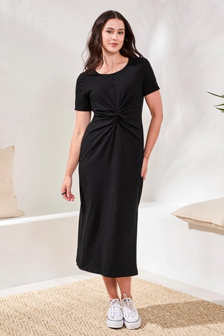 Robe Midi En Jersey Avec Nœud Devant-Noir