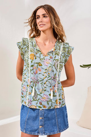Poplin Novelty Blouse With Frill Cap Sleeves-Rainforest
