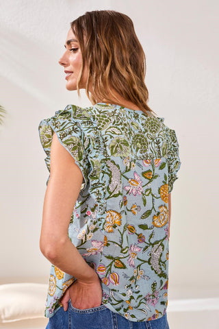 Poplin Novelty Blouse With Frill Cap Sleeves-Rainforest