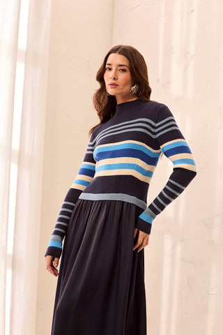 Mixed Media Ribbed Knit Maxi Dress-Blue fog