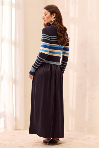 Mixed Media Ribbed Knit Maxi Dress-Blue fog
