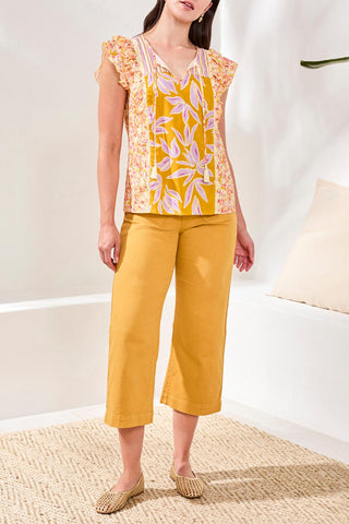 Mixed Print Notch Neck Blouse-Mustard