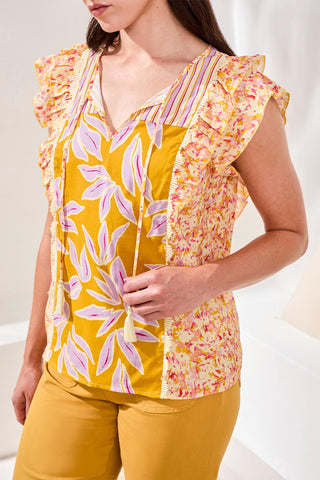 Mixed Print Notch Neck Blouse-Mustard