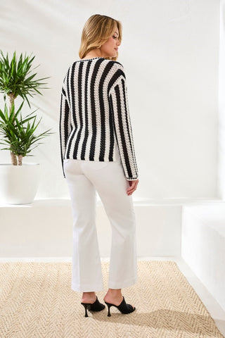 Crochet Bell‑Sleeve Notch Neck Tassel‑Tie Top-Black
