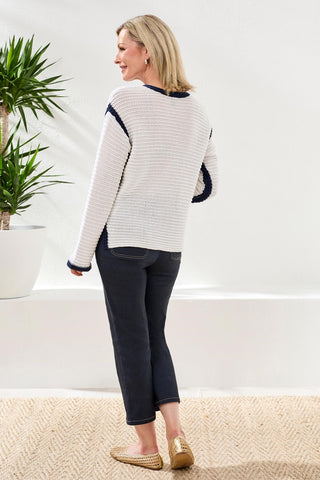 Notch Collar Sweater With Tassel Tie-White