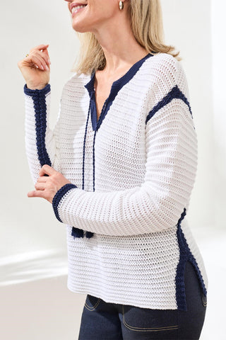 Notch Collar Sweater With Tassel Tie-White