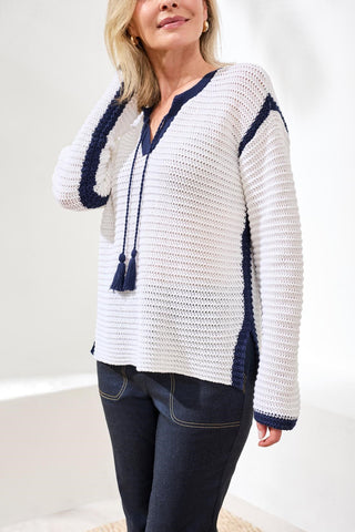 Notch Collar Sweater With Tassel Tie-White
