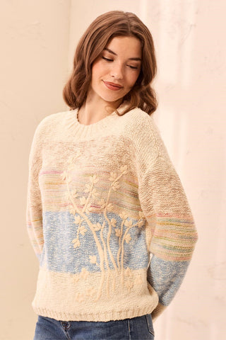 Novelty Slub Knit Embroidered Long Sleeve Sweater-Azure
