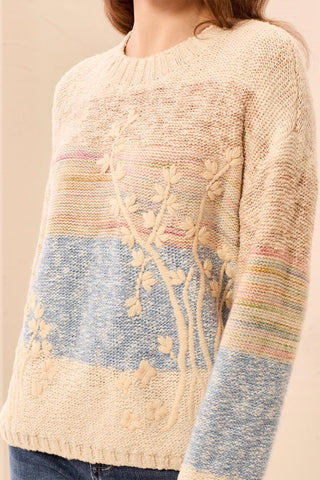 Novelty Slub Knit Embroidered Long Sleeve Sweater-Azure