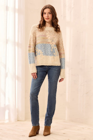 Novelty Slub Knit Embroidered Long Sleeve Sweater-Azure