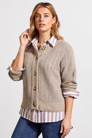 alt view 4 - OPEN KNIT LONG SLEEVE CREW NECK SWEATER CARDIGAN-Dk.oatmeal