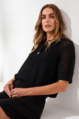 Open-Stitch Short Sleeve Polo Sweater Top-Black