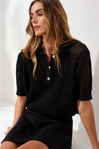 Open-Stitch Short Sleeve Polo Sweater Top-Black
