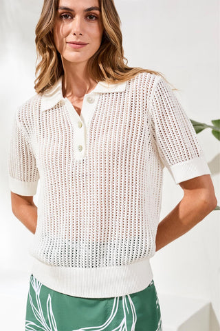 Open-Stitch Short Sleeve Polo Sweater Top-White