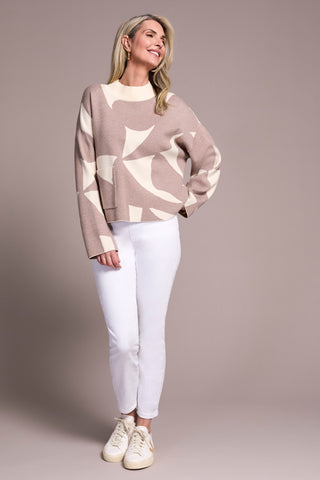 Oversized Mock Neck Abstract Print Sweater-H sandstone