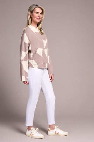 Oversized Mock Neck Abstract Print Sweater-H sandstone