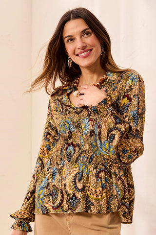 Paisley Smocked Ruffle Neck Flounce Blouse-Aloe