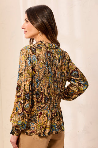 Paisley Smocked Ruffle Neck Flounce Blouse-Aloe