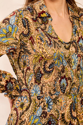 Paisley Smocked Ruffle Neck Flounce Blouse-Aloe