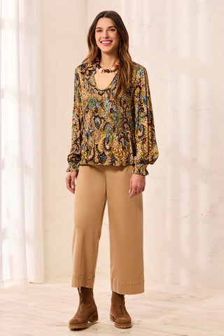 Paisley Smocked Ruffle Neck Flounce Blouse-Aloe