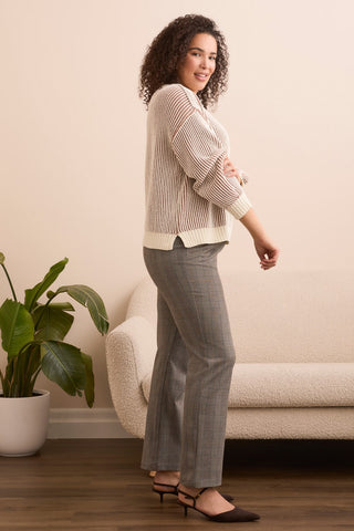 Plaited Chenille Crew Neck Ribbed Sweater-Almondlatte