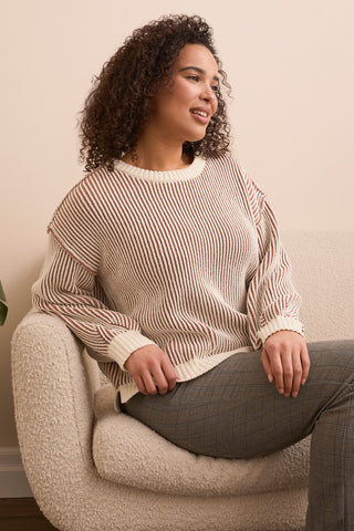 Plaited Chenille Crew Neck Ribbed Sweater-Almondlatte