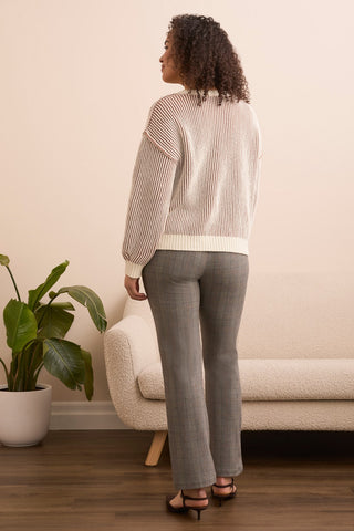 Plaited Chenille Crew Neck Ribbed Sweater-Almondlatte