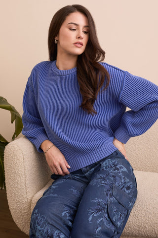 Plaited Chenille Crew Neck Ribbed Sweater-Blueviolet