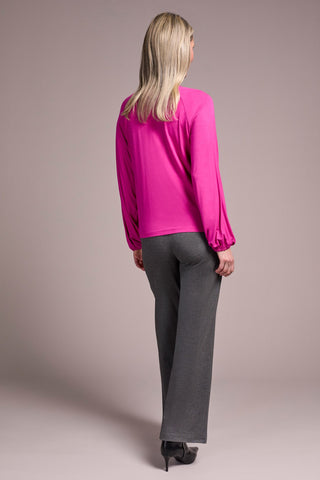 Pleat-Accent Long-Sleeve V-Neck Top-Pink flambe