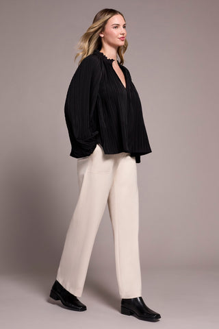 Pleated Ruffle Notch Collar Novelty Blouse-Black