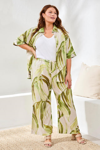 Size-Inclusive Flowy Linen Flare Pants With Drawcord Waist- Mintleaf