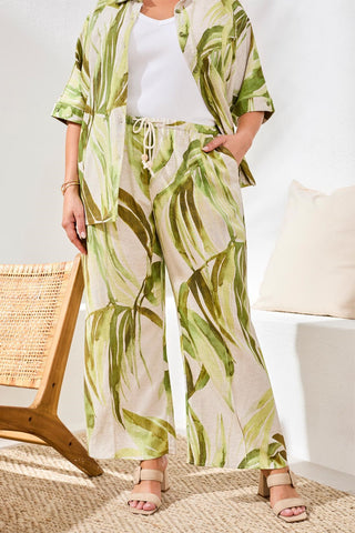 Size-Inclusive Flowy Linen Flare Pants With Drawcord Waist- Mintleaf