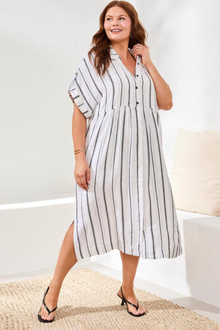 Plus Yarn Dye Stripe Flowy Shirt Dress-White/black