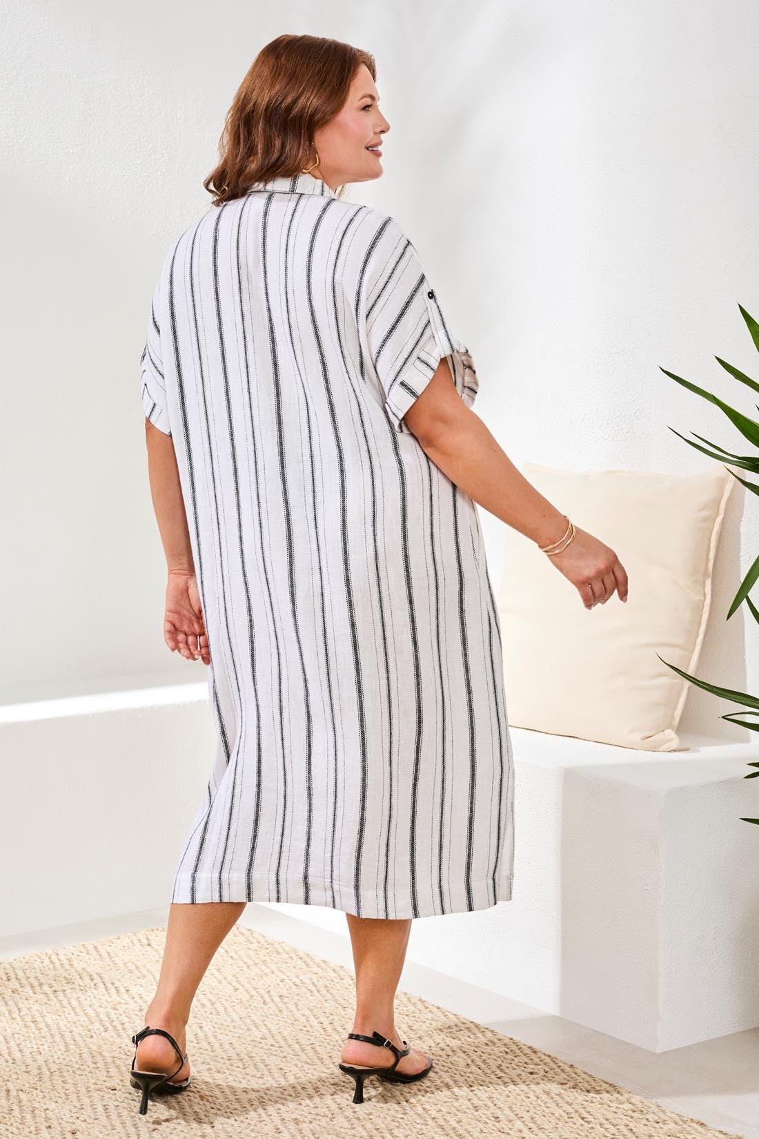 Plus Yarn Dye Stripe Flowy Shirt Dress-White/black Tribal Fashion Plus Yarn Dye Stripe Flowy Shirt Dress-White/black Tribal Fashion