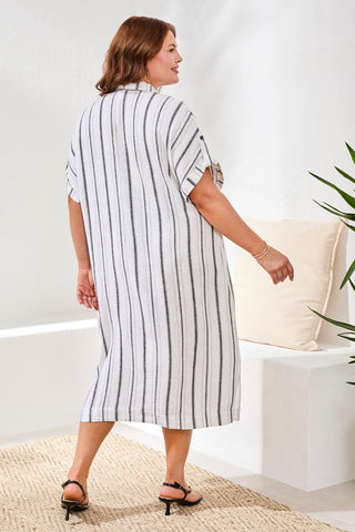 Plus Yarn Dye Stripe Flowy Shirt Dress-White/black