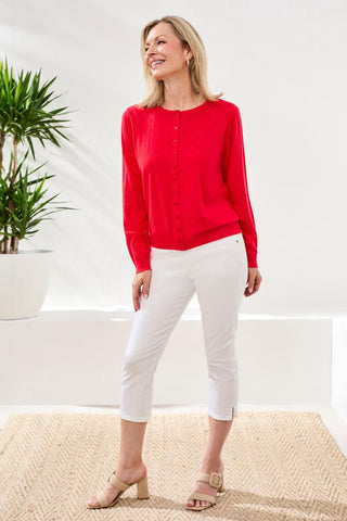 Pointelle Knit Cardigan Sweater With Button-Front Closure-Rouge