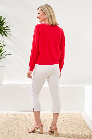 Pointelle Knit Cardigan Sweater With Button-Front Closure-Rouge