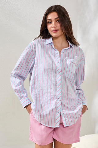 Poplin Double Stripe Roll-Up Sleeve Button-Front Shirt-Hydrangea