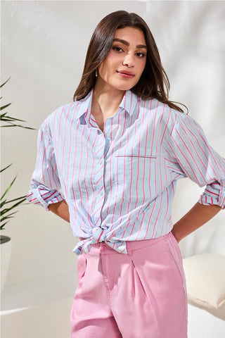 Poplin Double Stripe Roll-Up Sleeve Button-Front Shirt-Hydrangea