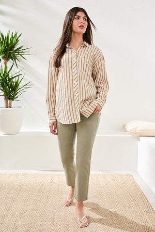 Poplin Double Stripe Roll-Up Sleeve Button-Front Shirt-Rainforest