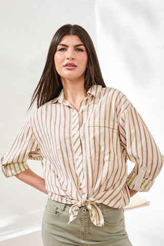Poplin Double Stripe Roll-Up Sleeve Button-Front Shirt-Rainforest