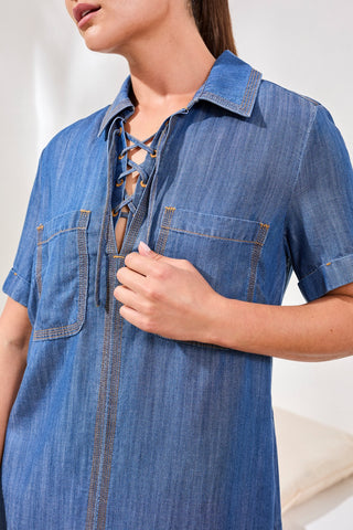 Popover Shirt Dress With Lace Up Detail-Seasideblue