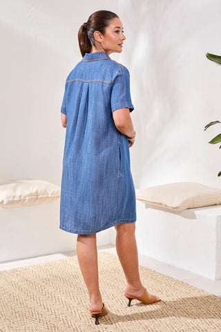 Popover Shirt Dress With Lace Up Detail-Seasideblue