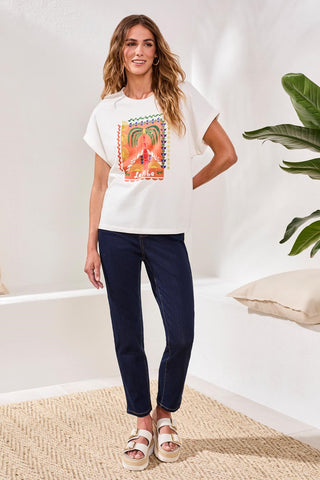 Cotton Embroidered Cap-Sleeve Crewneck Tee-White