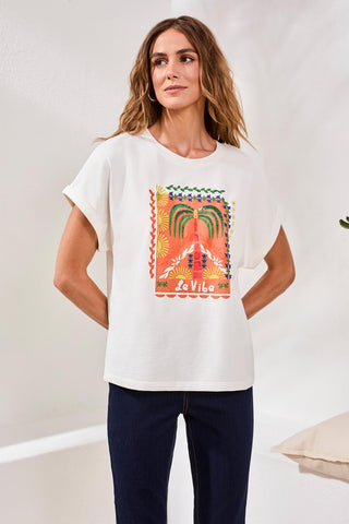 Cotton Embroidered Cap-Sleeve Crewneck Tee-White